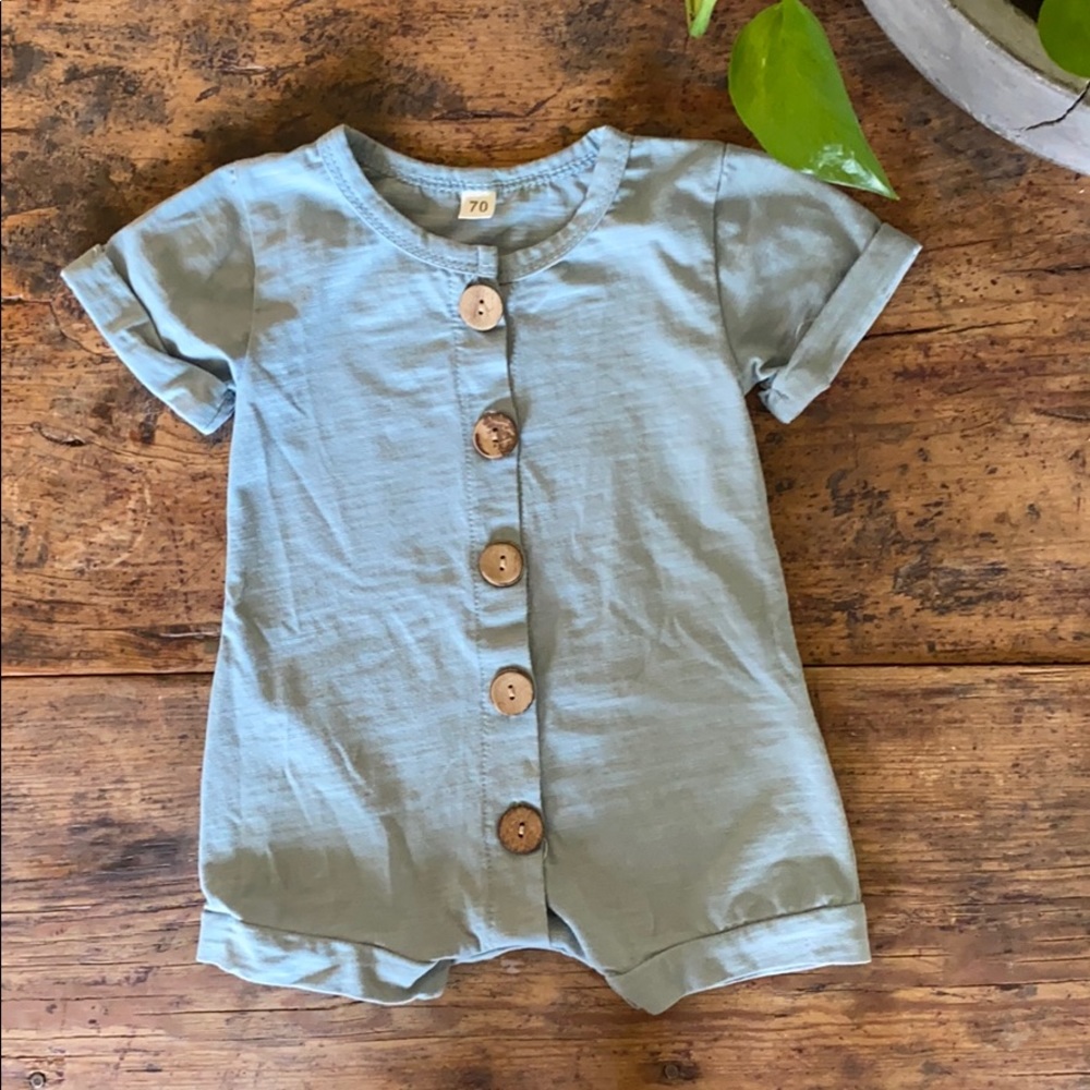 Little One Shop Blue Button Onesie